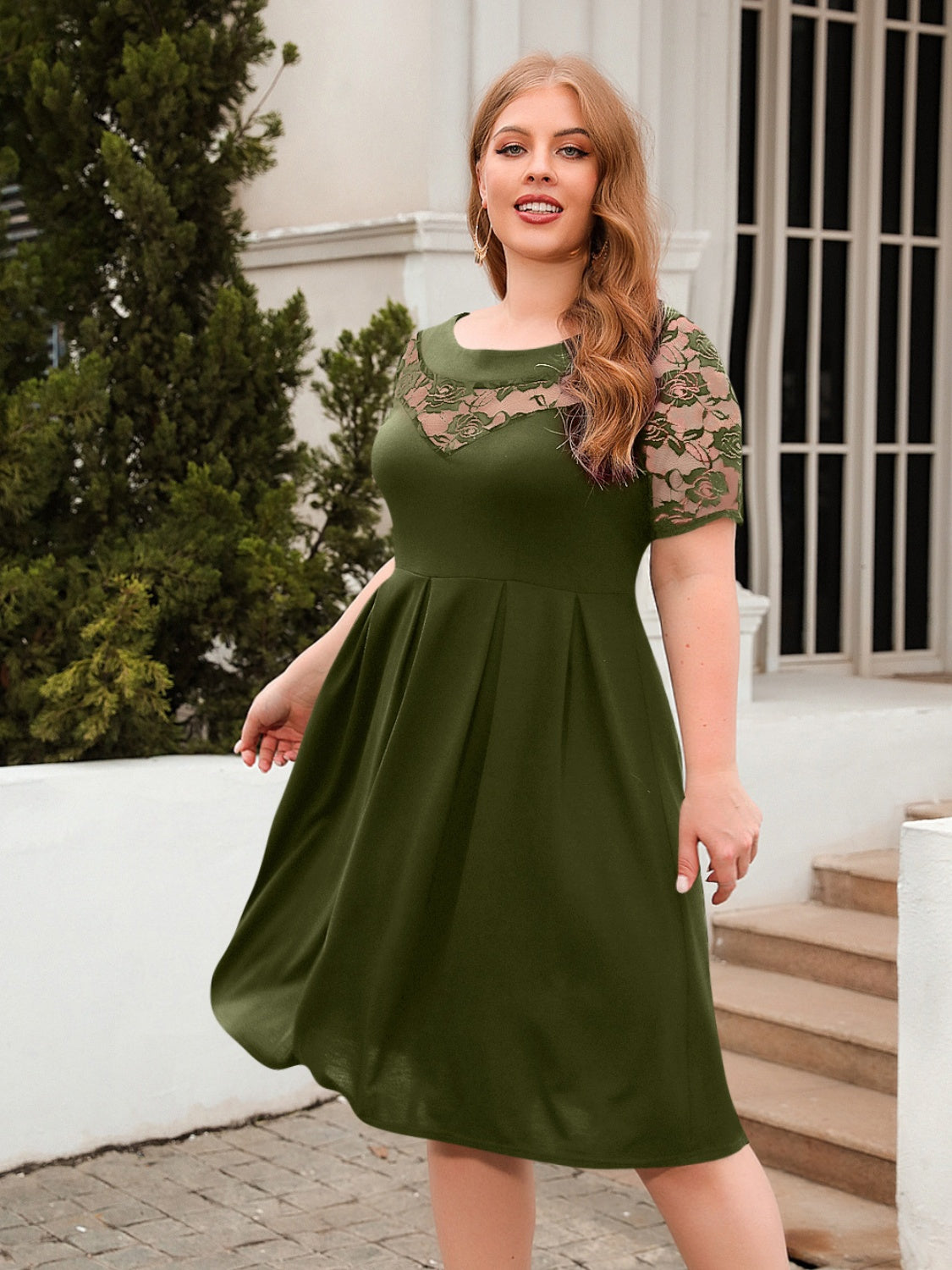 Plus Size Ruched Round Neck Short Sleeve Dress - Scarlett's Riverside Boutique 