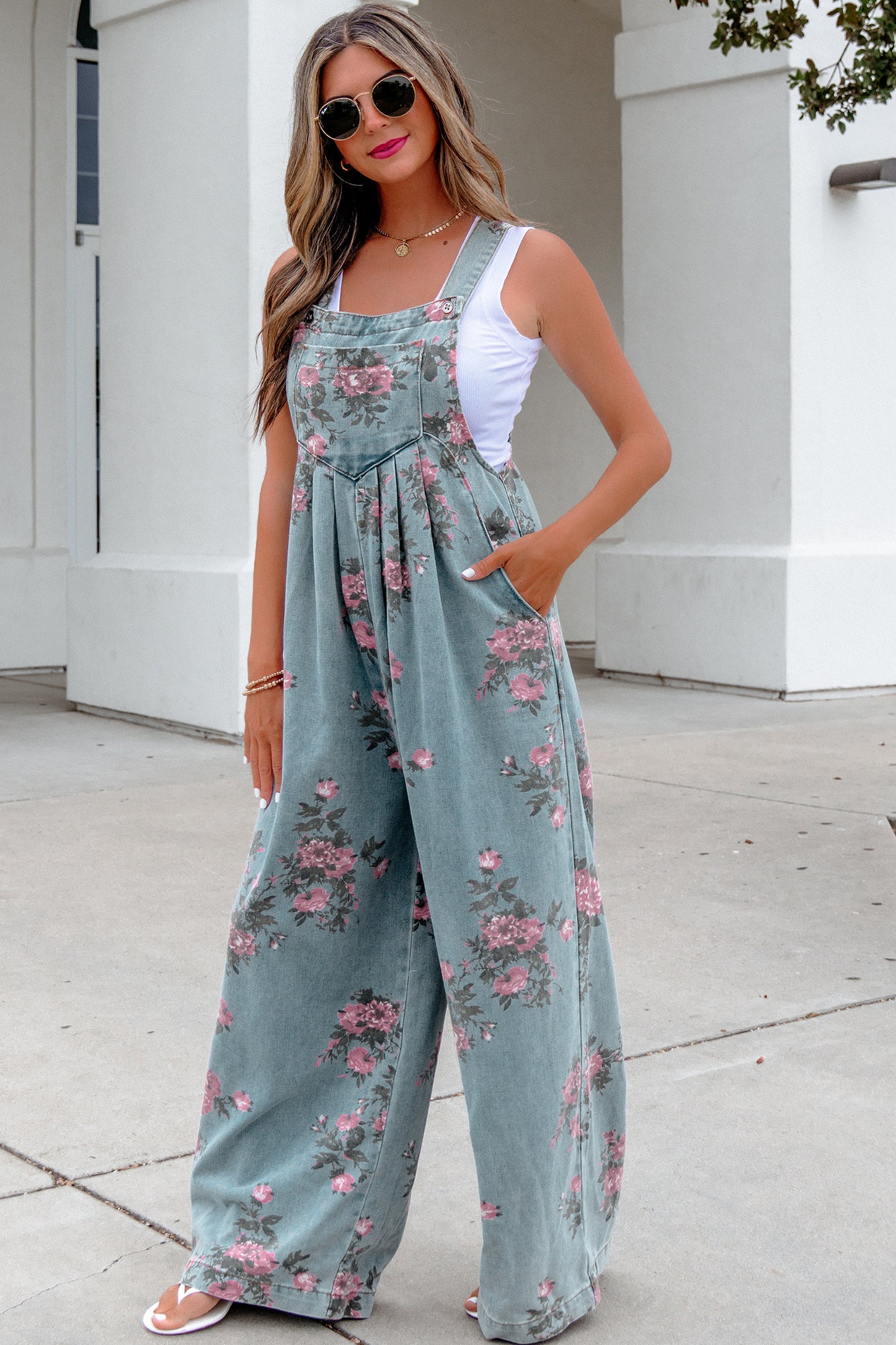 Beau Blue Floral Denim Jumpsuit Wide Leg Pleated Sleeveless Boho Overalls