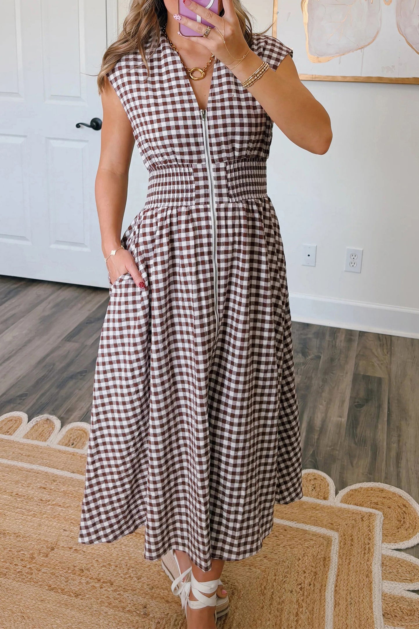 Brown Gingham Zip Front Midi Dress – Smocked Waist Sleeveless Plaid Summer Dress with Pockets
