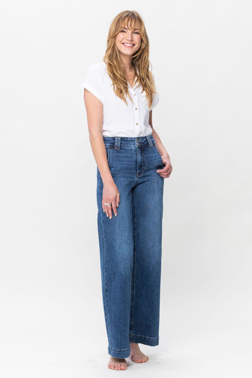 Judy Blue Full Size Double Button Wide Leg Jeans. Inseam 32" - Scarlett's Riverside Boutique 