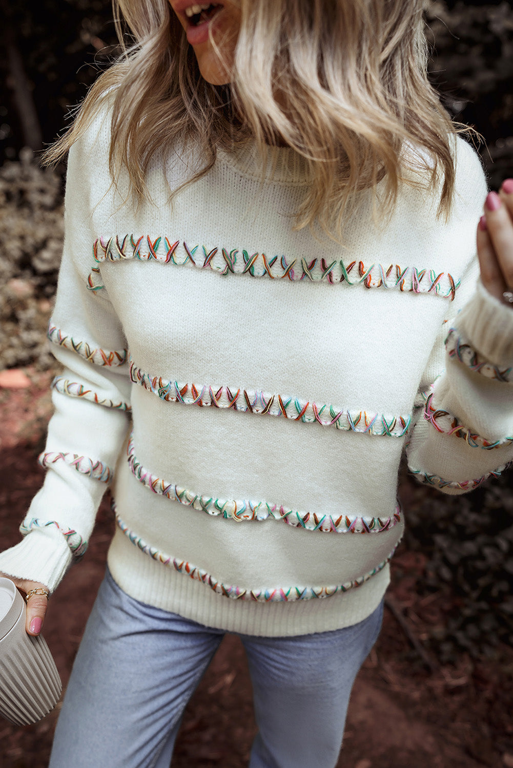 White Colorful Crossed Stitch Drop Shoulder Sweater - Scarlett's Riverside Boutique 