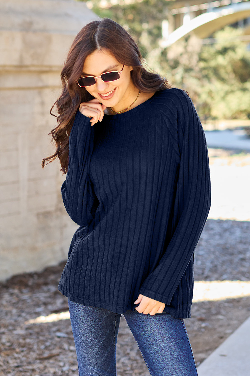 Basic Bae Full Size Ribbed Round Neck Long Sleeve Knit Top - Scarlett's Riverside Boutique 