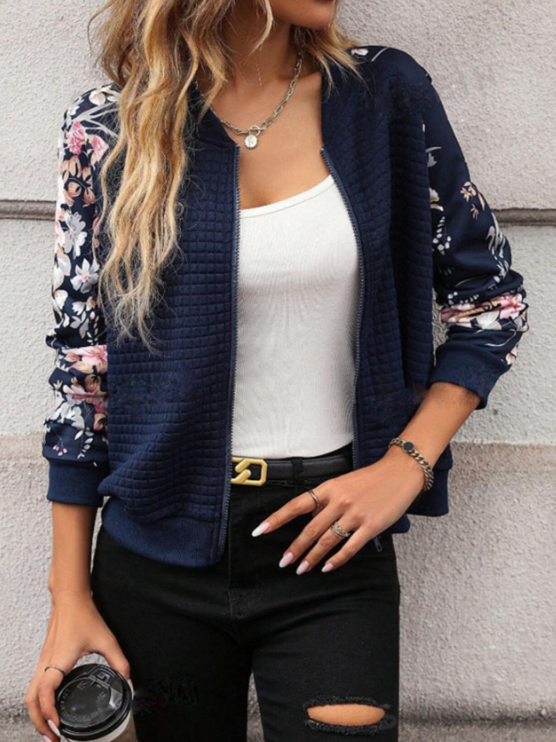 Printed Zip Up Long Sleeve Jacket - Scarlett's Riverside Boutique 