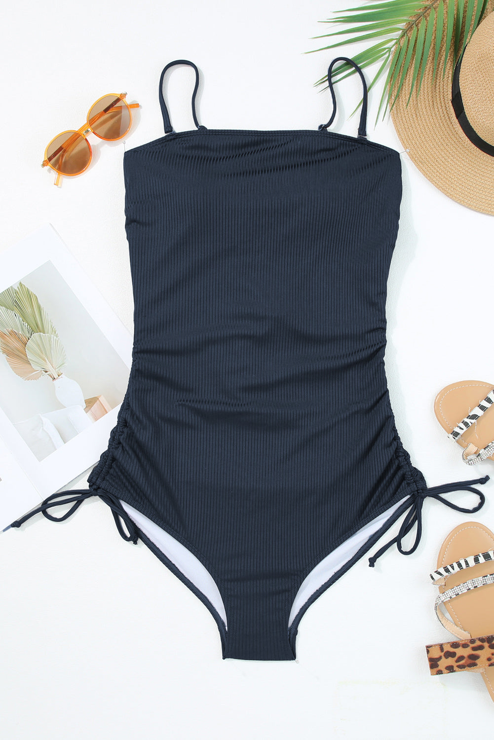 Navy Blue Ribbed Drawstring Sides Cutout One Piece Swimsuit - Scarlett's Riverside Boutique