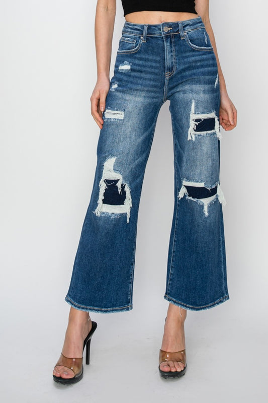 Risen Full Size High Rise Patch Detailed Wide Leg Crop Jeans - Scarlett's Riverside Boutique 