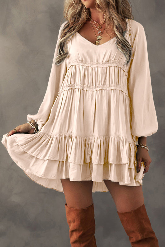 Apricot Tiered Ruffled Puff Sleeve Loose Fit Mini Dress - Scarlett's Riverside Boutique 