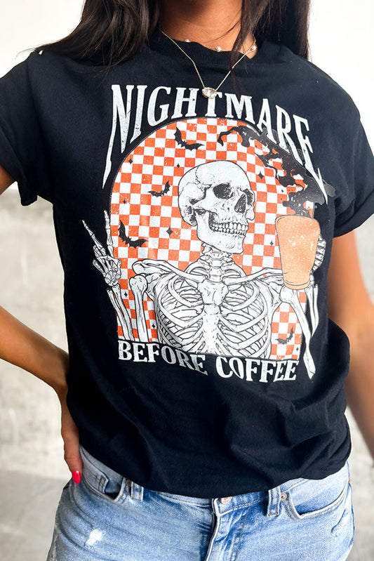 Black Nightmare Before Coffee Skull Checkerboard Graphic Halloween Tee - Scarlett's Riverside Boutique 