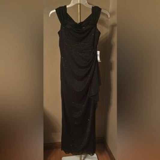Alex Evenings Black Sequin Evening Gown Size 6 NWT Formal Dress Ruched Draped