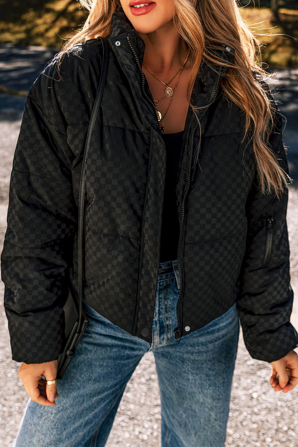 Black Checkerboard Full Zipper Puffer Jacket - Scarlett's Riverside Boutique 