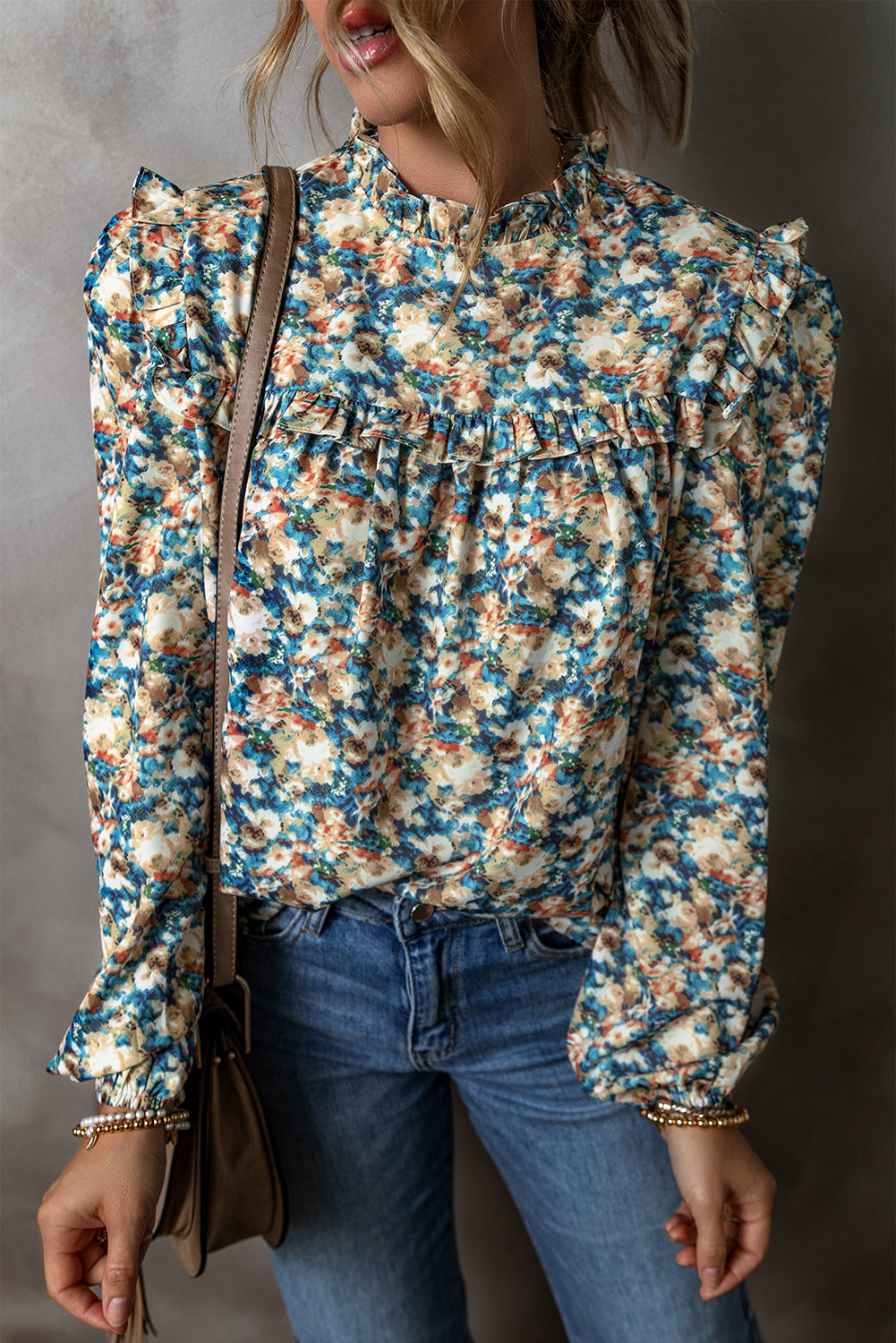 Sky Blue Floral Print Frilled Mock Neck Puff Sleeve Blouse - Scarlett's Riverside Boutique 