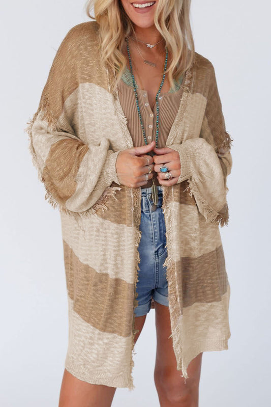 Khaki Stripe Lantern Sleeve Fringed Open Cardigan - Scarlett's Riverside Boutique 