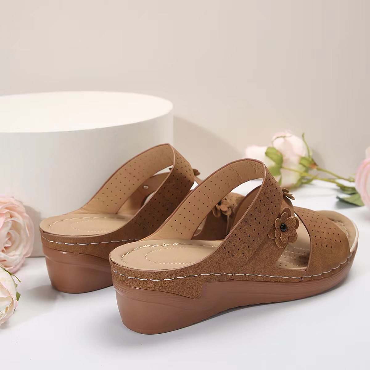 Flower PU Leather Wedge Sandals - Scarlett's Riverside Boutique 