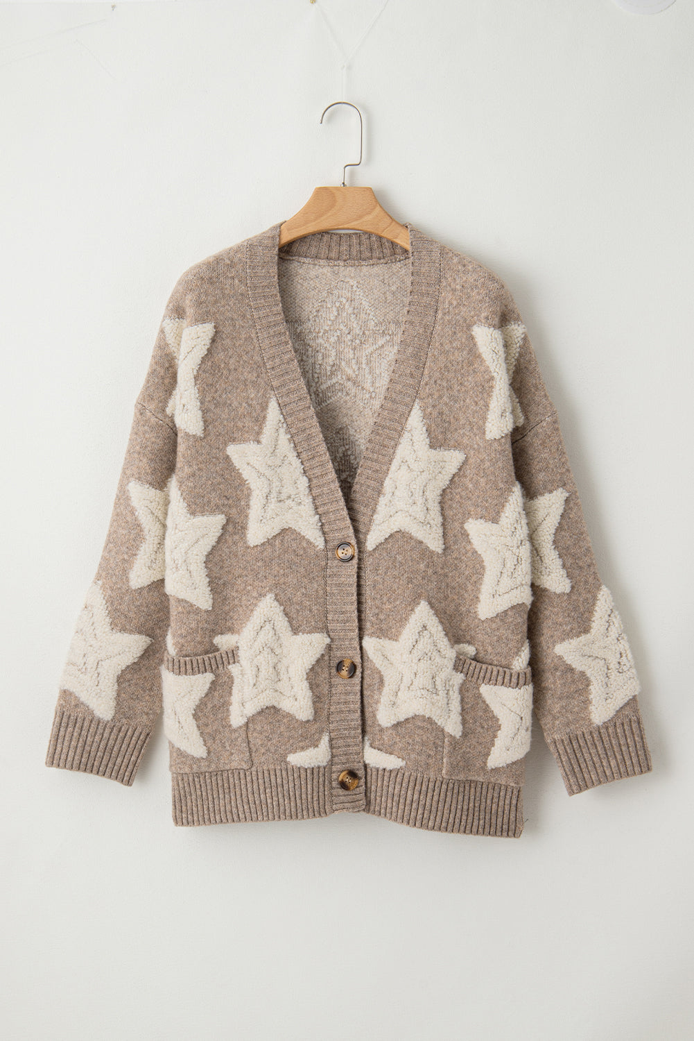 Khaki Sherpa Star Pattern Textured Sweater Cardigan with Pockets - Scarlett's Riverside Boutique 