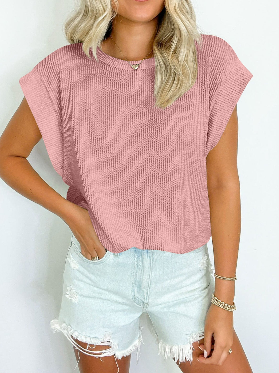 Textured Round Neck Cap Sleeve Blouse - Scarlett's Riverside Boutique 