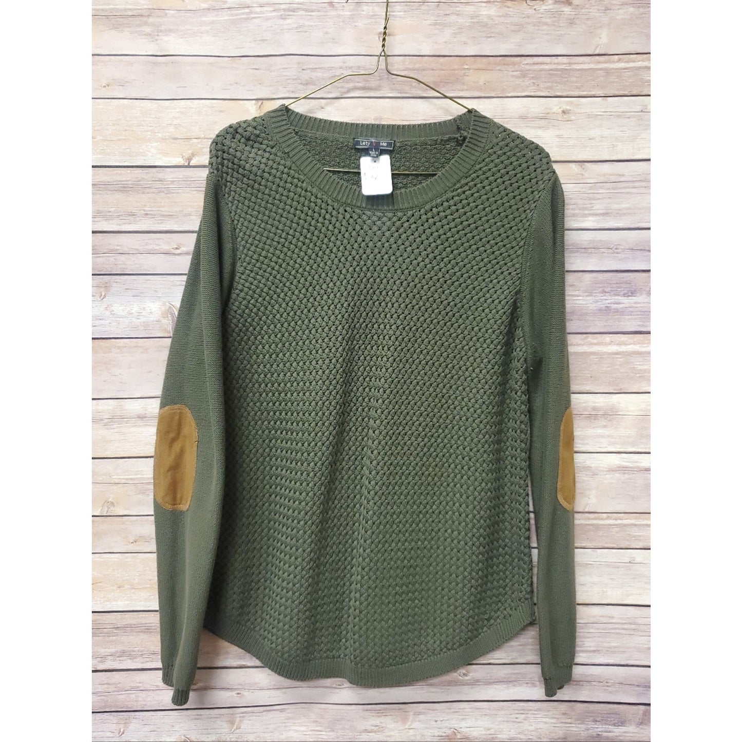 Lety Me Olive Green Knit Sweater Women’s Large Elbow Patch Long Sleeve Textured