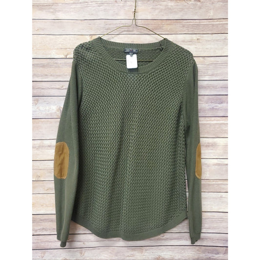 Lety Me Olive Green Knit Sweater Women’s Large Elbow Patch Long Sleeve Textured