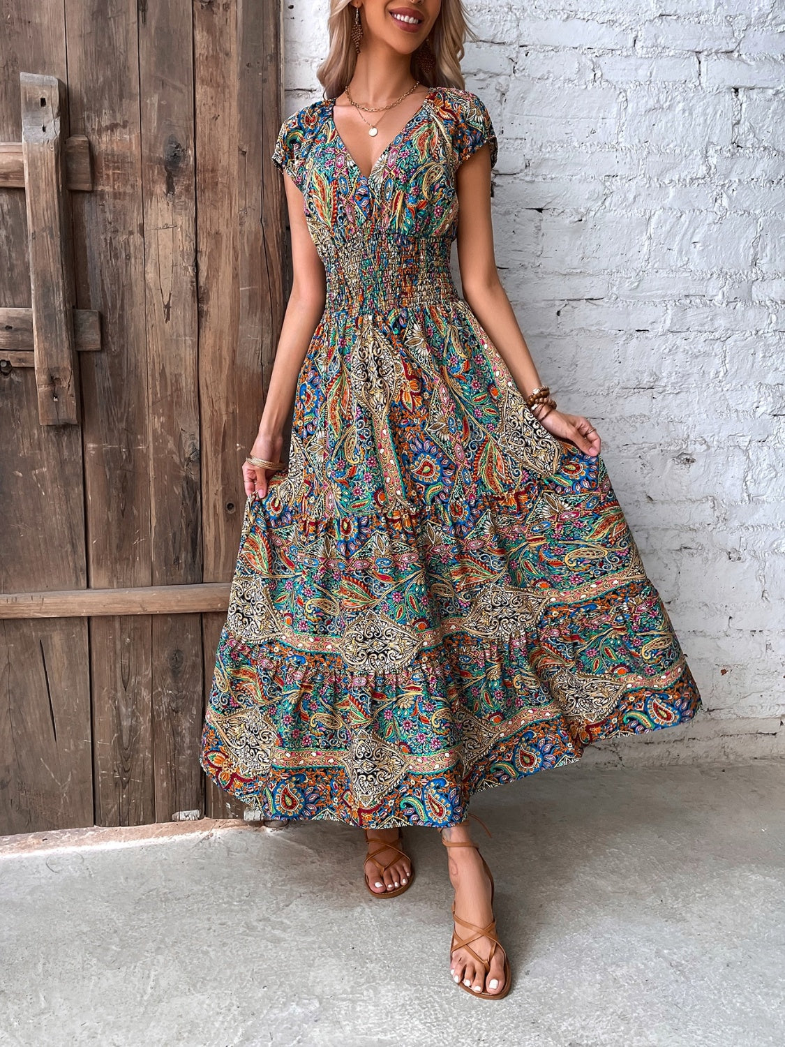 Smocked Printed Cap Sleeve Midi Dress - Scarlett's Riverside Boutique 