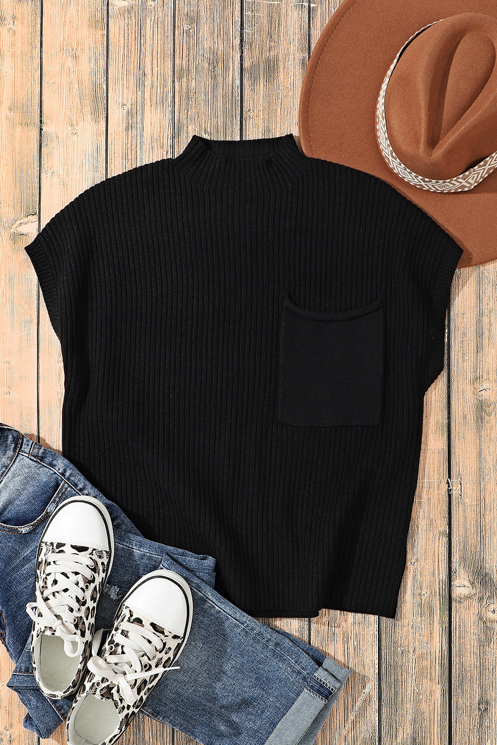 Black Patch Pocket Ribbed Knit Short Sleeve Sweater - Scarlett's Riverside Boutique 