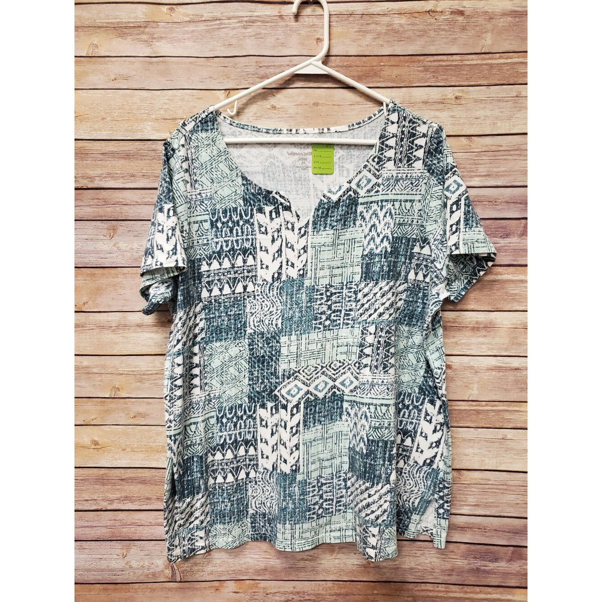 Boho, Woman Within Plus 1X 22/24 Teal White Geometric V-Neck Tunic Top