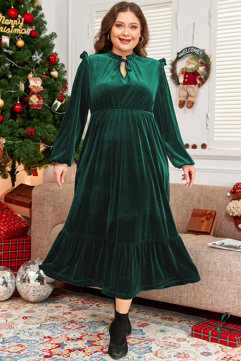 Blackish Green Velvet Frilled up Neck Ruffled High Waist Plus Size Midi Dress - Scarlett's Riverside Boutique 