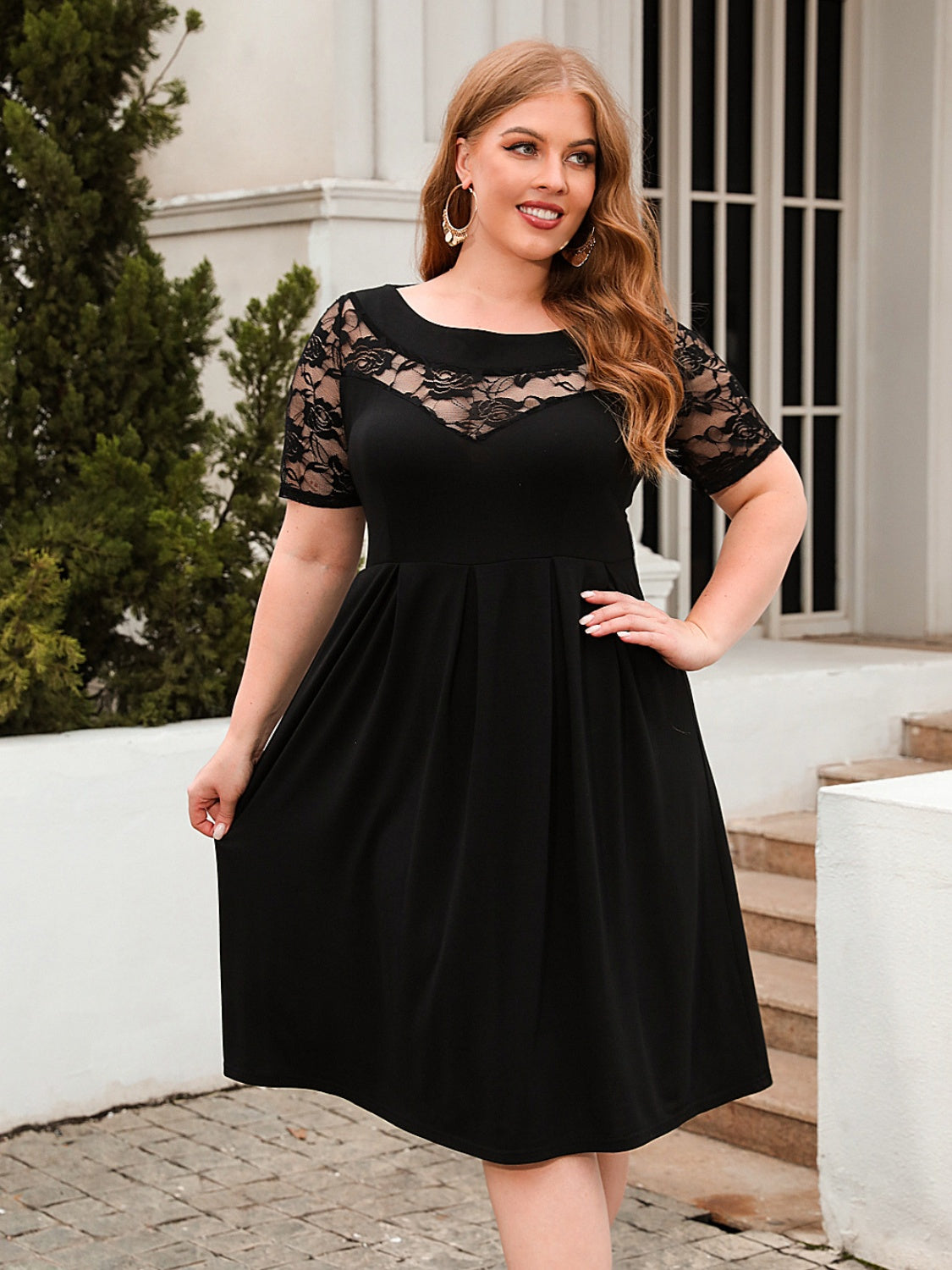 Plus Size Ruched Round Neck Short Sleeve Dress - Scarlett's Riverside Boutique 