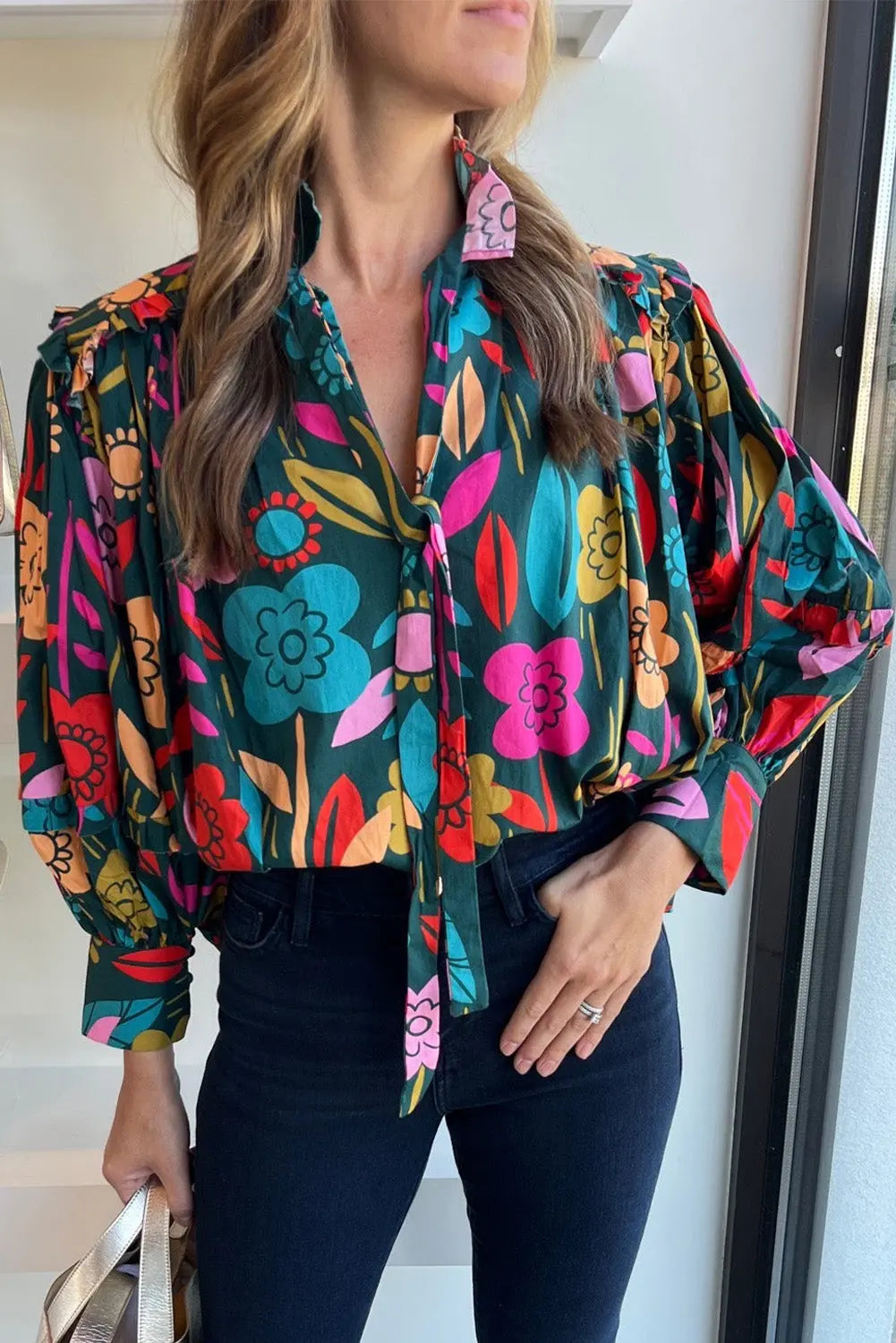 Green Floral Knot Split Neck Puff Sleeve Blouse - Scarlett's Riverside Boutique 