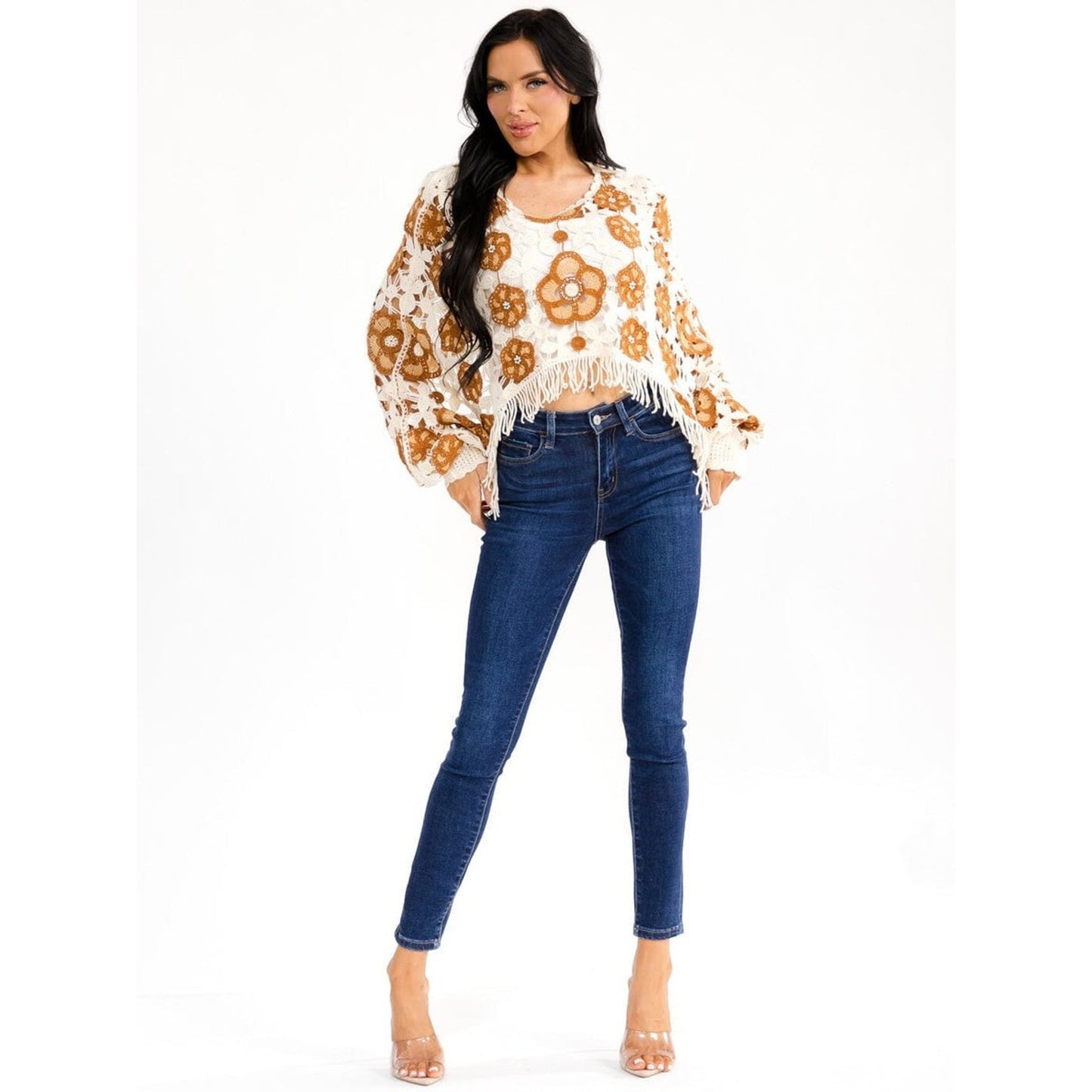 Boho Crochet Floral Fringe Crop Sweater Top Cream Brown Long Sleeve