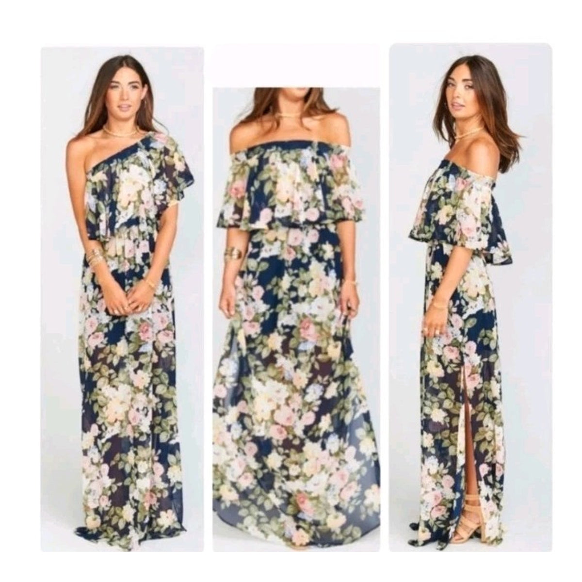 Show Me Your Mumu XS Navy Floral Off Shoulder Maxi Dress Sheer, Boho, Wedding