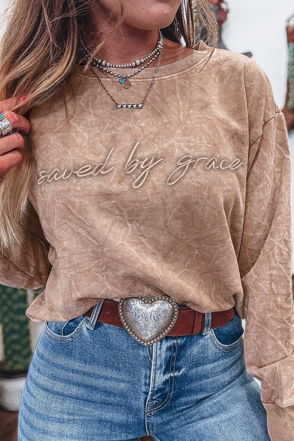 Mineral Red saved by grace Letter Embroidery Mineral Wash Loose Sweatshirt