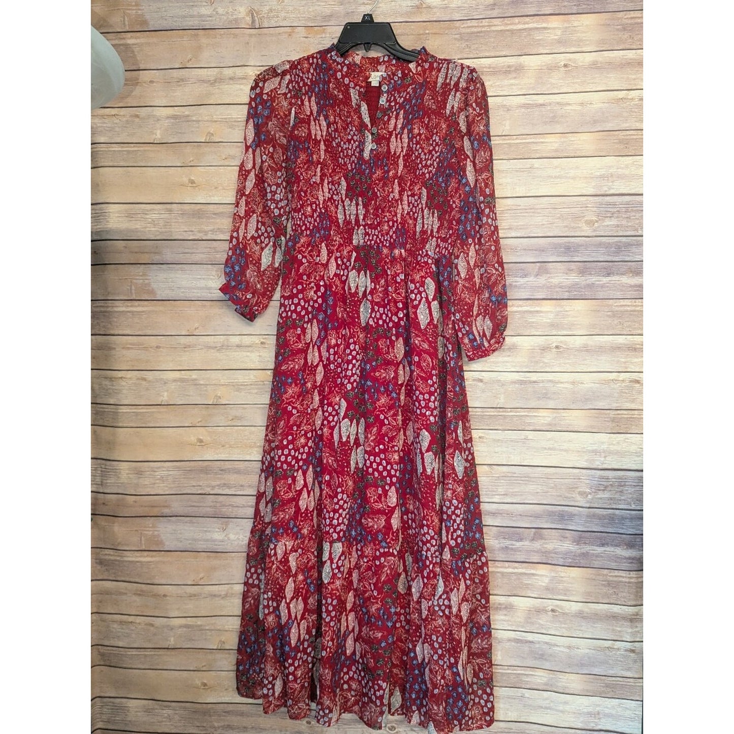 LOFT Red Floral Print Long Sheer-Sleeve Maxi Dress Sz 8