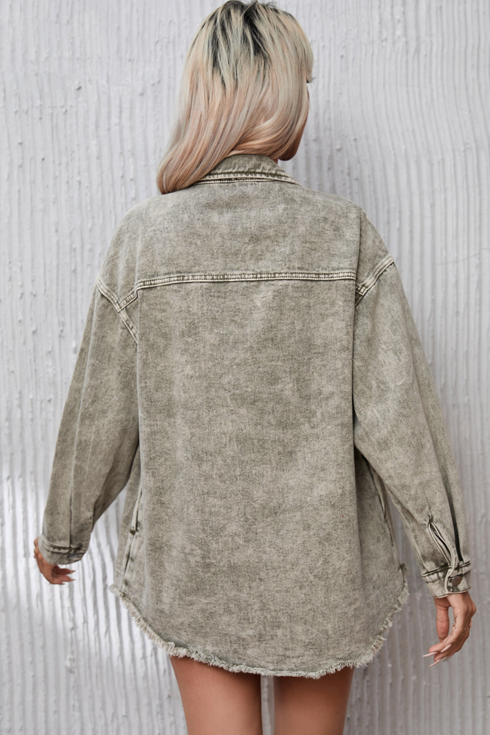 Sage Green Acid Wash Flap Pocket Raw Hem Tunic Denim Jacket - Scarlett's Riverside Boutique 