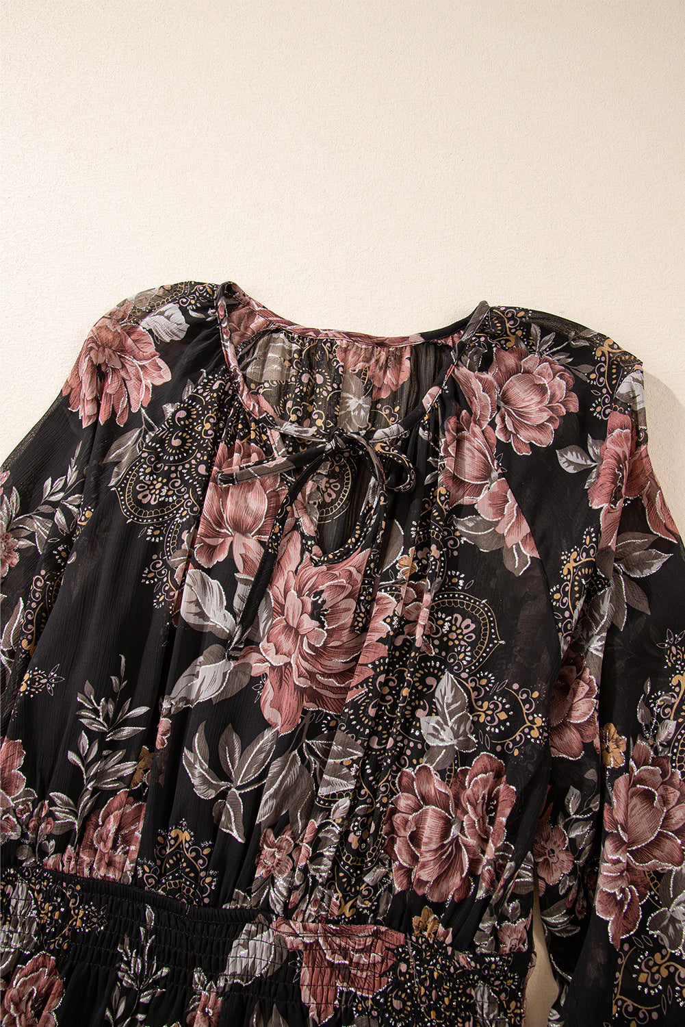 Black Vintage Floral Puff Sleeve V Neck Smock Waist Dress - Scarlett's Riverside Boutique 