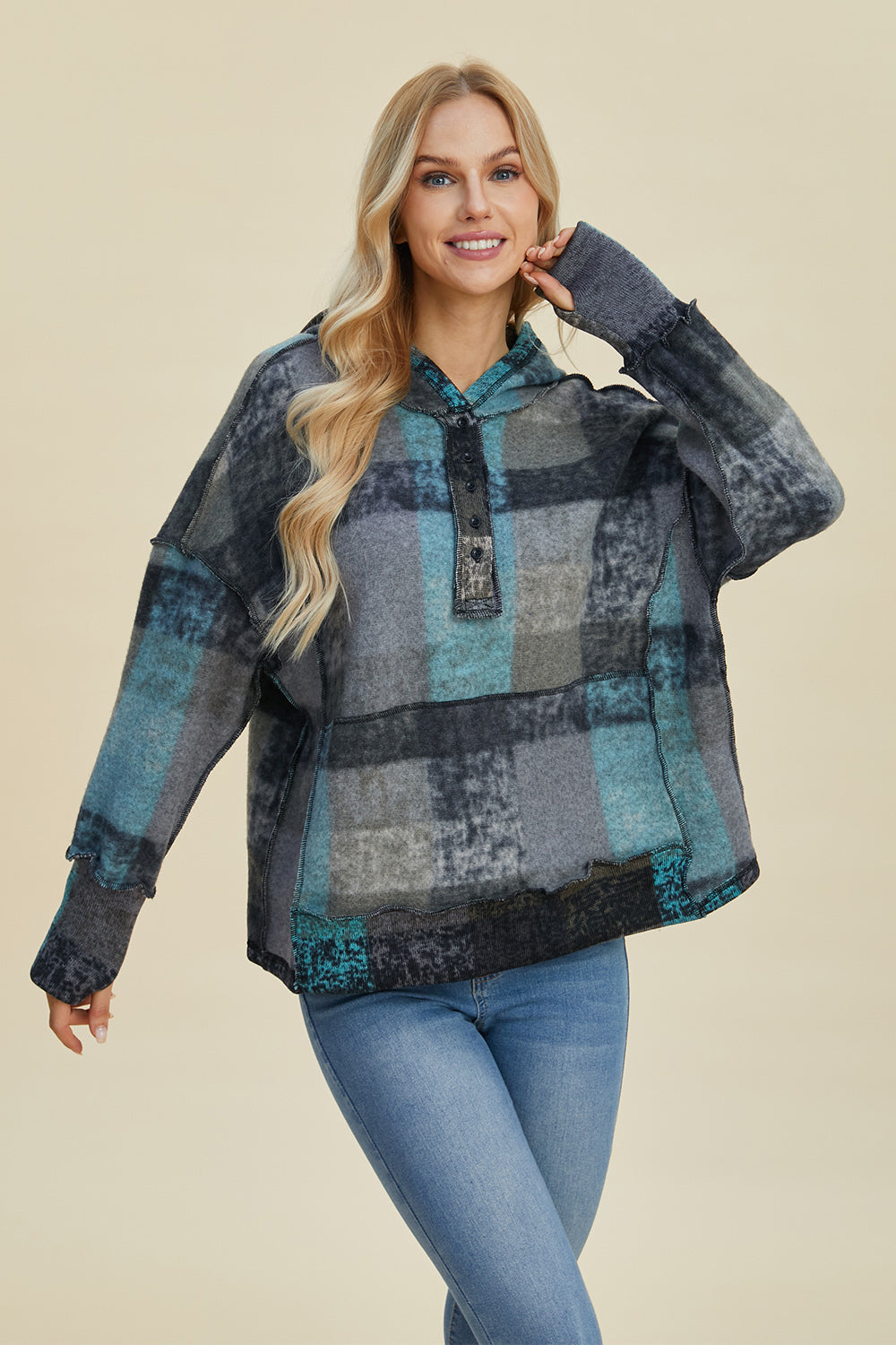 Double Take Full Size Plaid Dropped Shoulder Hoodie - Scarlett's Riverside Boutique 