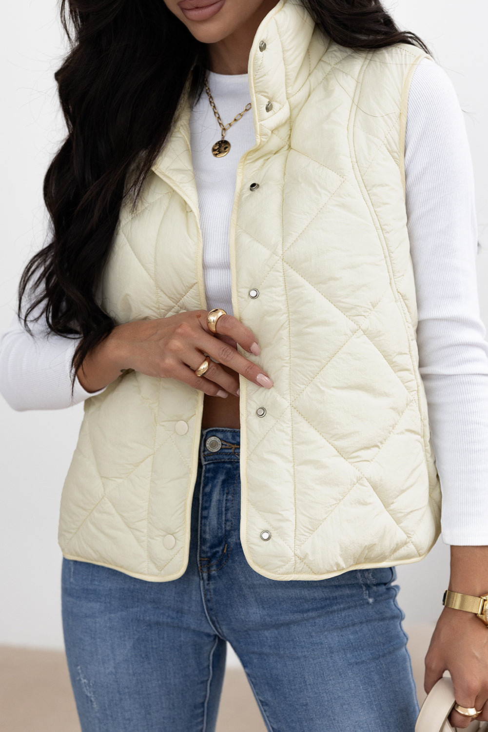 Beige Quilted High Neck Button Up Pocket Vest Coat - Scarlett's Riverside Boutique 