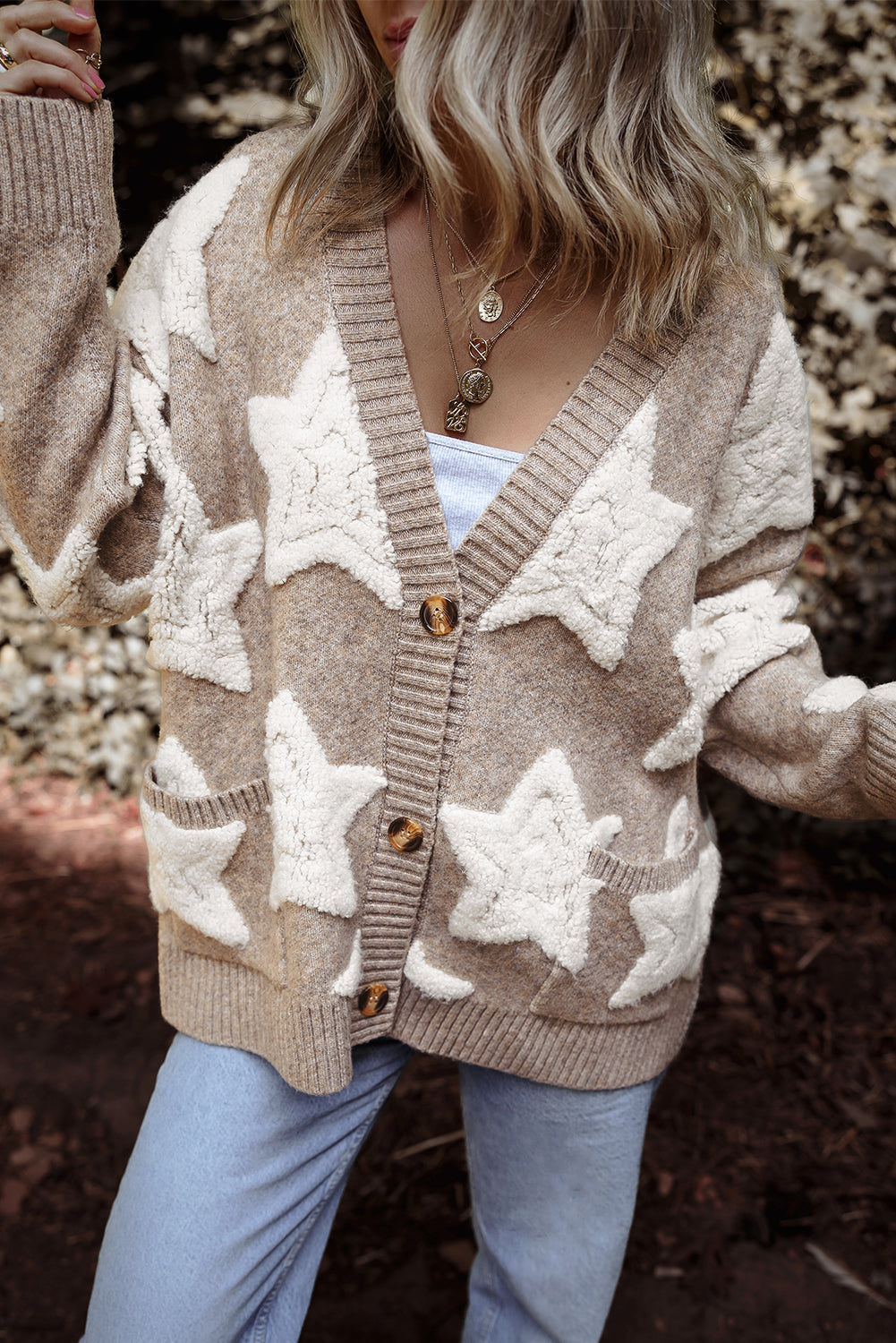 Khaki Sherpa Star Pattern Textured Sweater Cardigan with Pockets - Scarlett's Riverside Boutique 