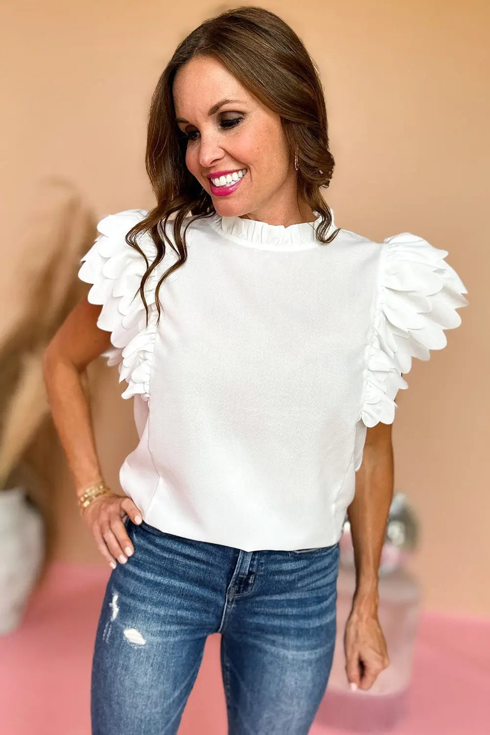 White Solid Color Scalloped Ruffle Sleeve Top - Scarlett's Riverside Boutique 