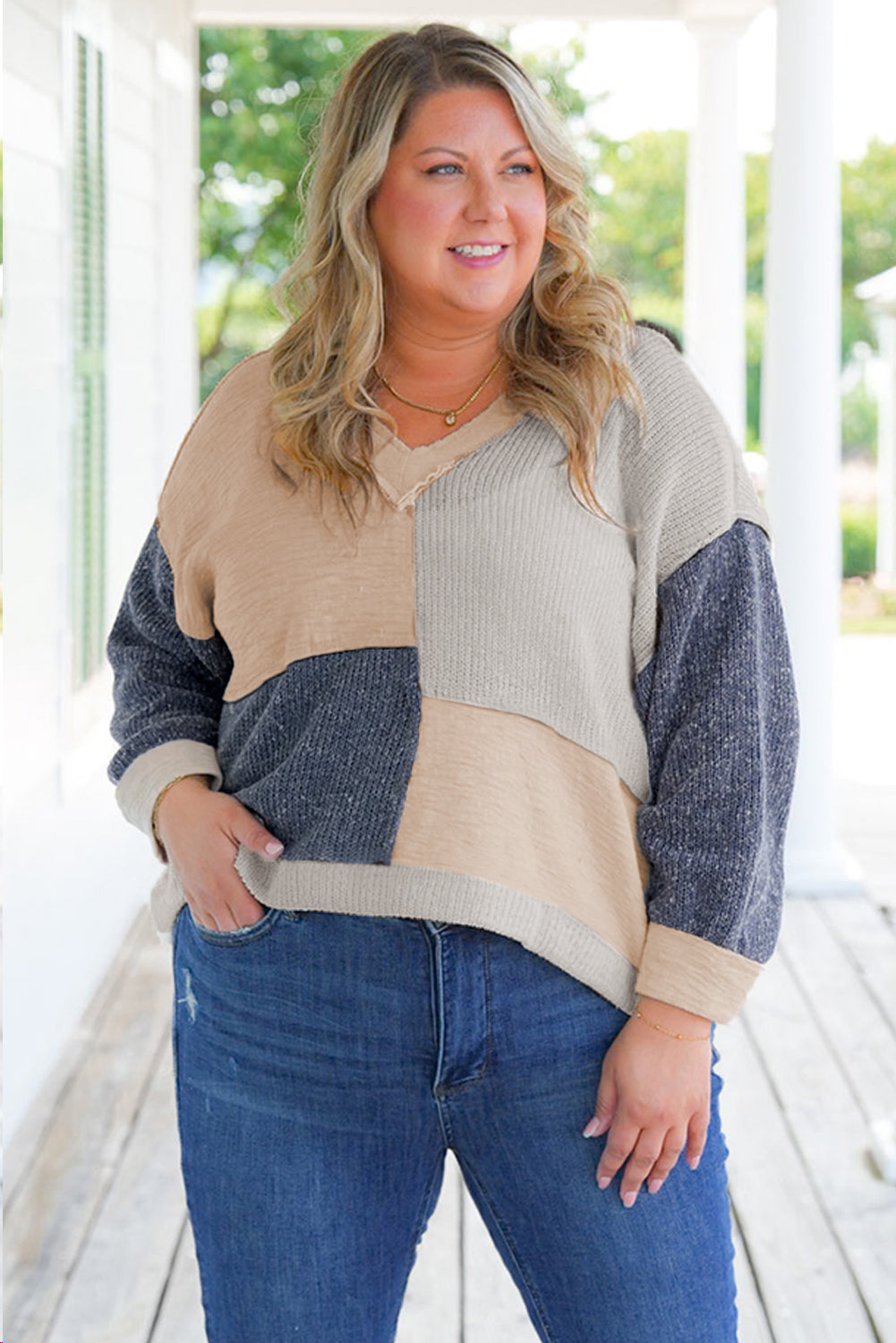 Ashleigh Blue Plus Size Textured Colorblock Patchwork V Neck Top