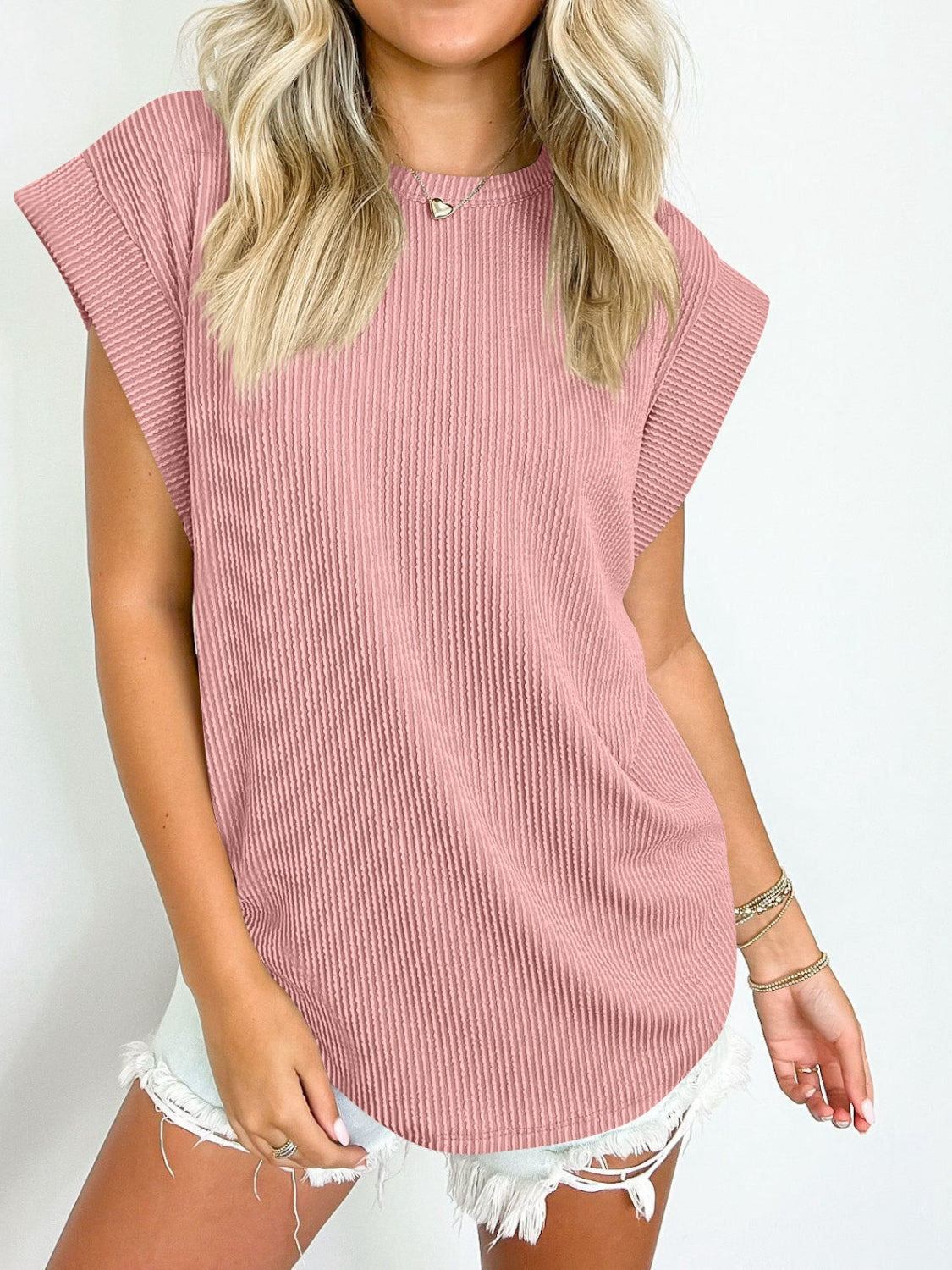 Textured Round Neck Cap Sleeve Blouse - Scarlett's Riverside Boutique 