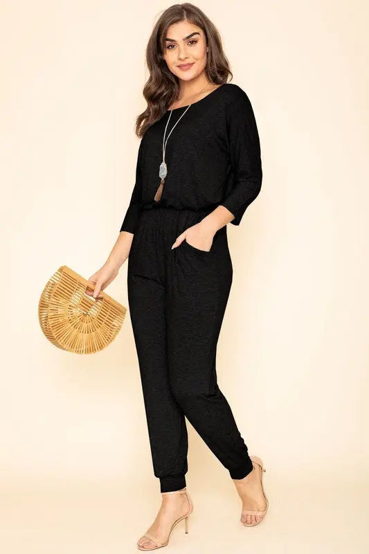 Quarter Sleeve Boat Neck Blouson Jumpsuit - Scarlett's Riverside Boutique 