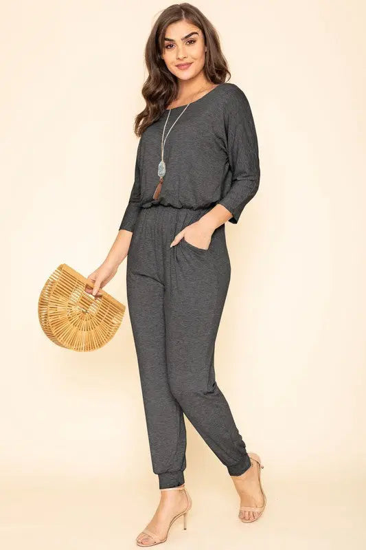 Quarter Sleeve Boat Neck Blouson Jumpsuit - Scarlett's Riverside Boutique 