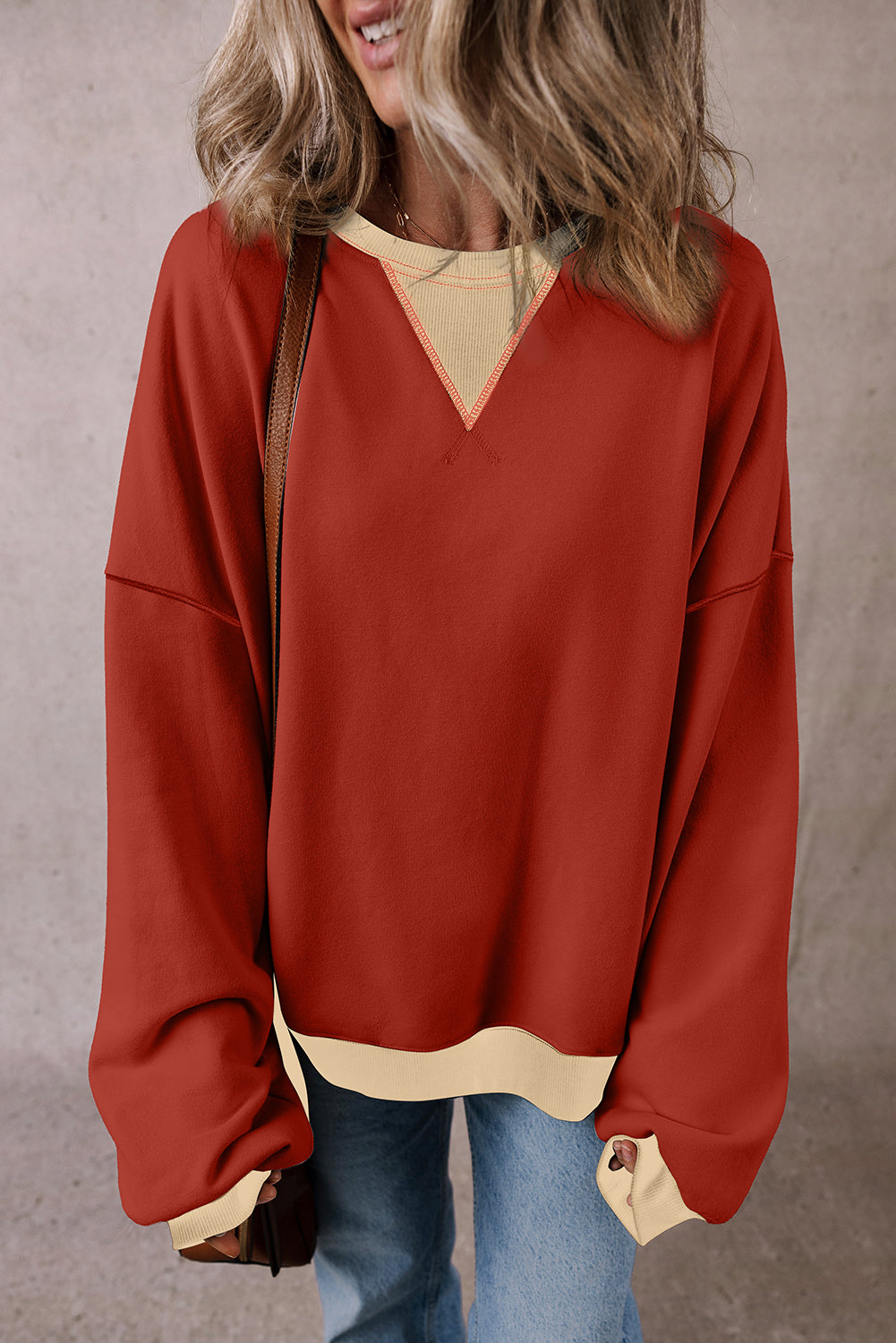 Red Clay Color Block Patch Drop Shoulder Oversized Sweatshirt - Scarlett's Riverside Boutique 