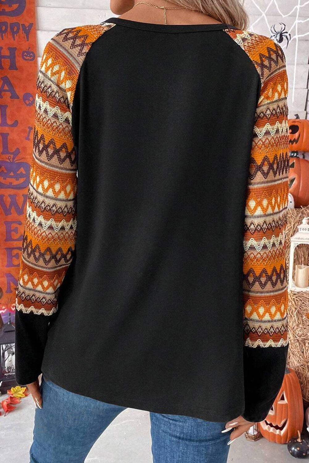 Orange Geo Print Raglan Patchwork Long Sleeve Tee - Scarlett's Riverside Boutique 