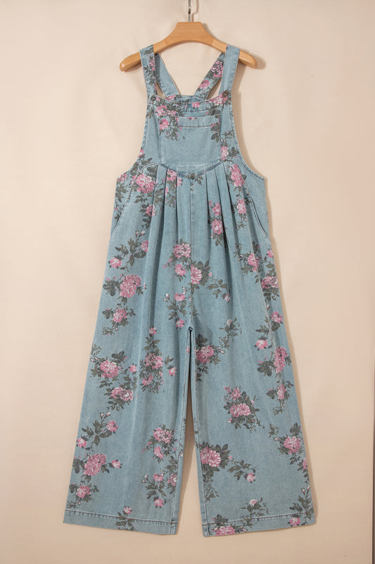 Beau Blue Floral Denim Jumpsuit Wide Leg Pleated Sleeveless Boho Overalls