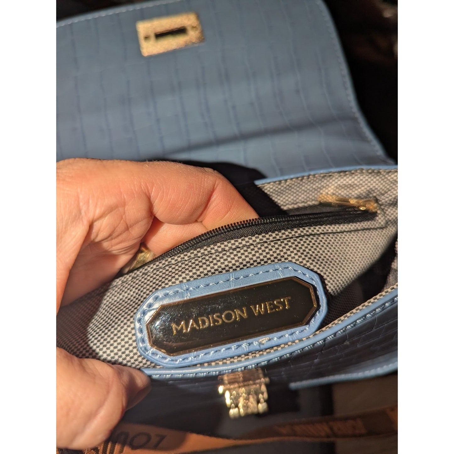 Madison West Blue Croc Embossed Crossbody Bag Top Handle Purse Gold Tone Hardwar