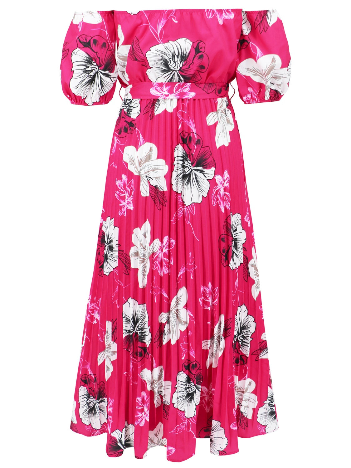 Pleated Floral Off-Shoulder Short Sleeve Midi Dress - Scarlett's Riverside Boutique 