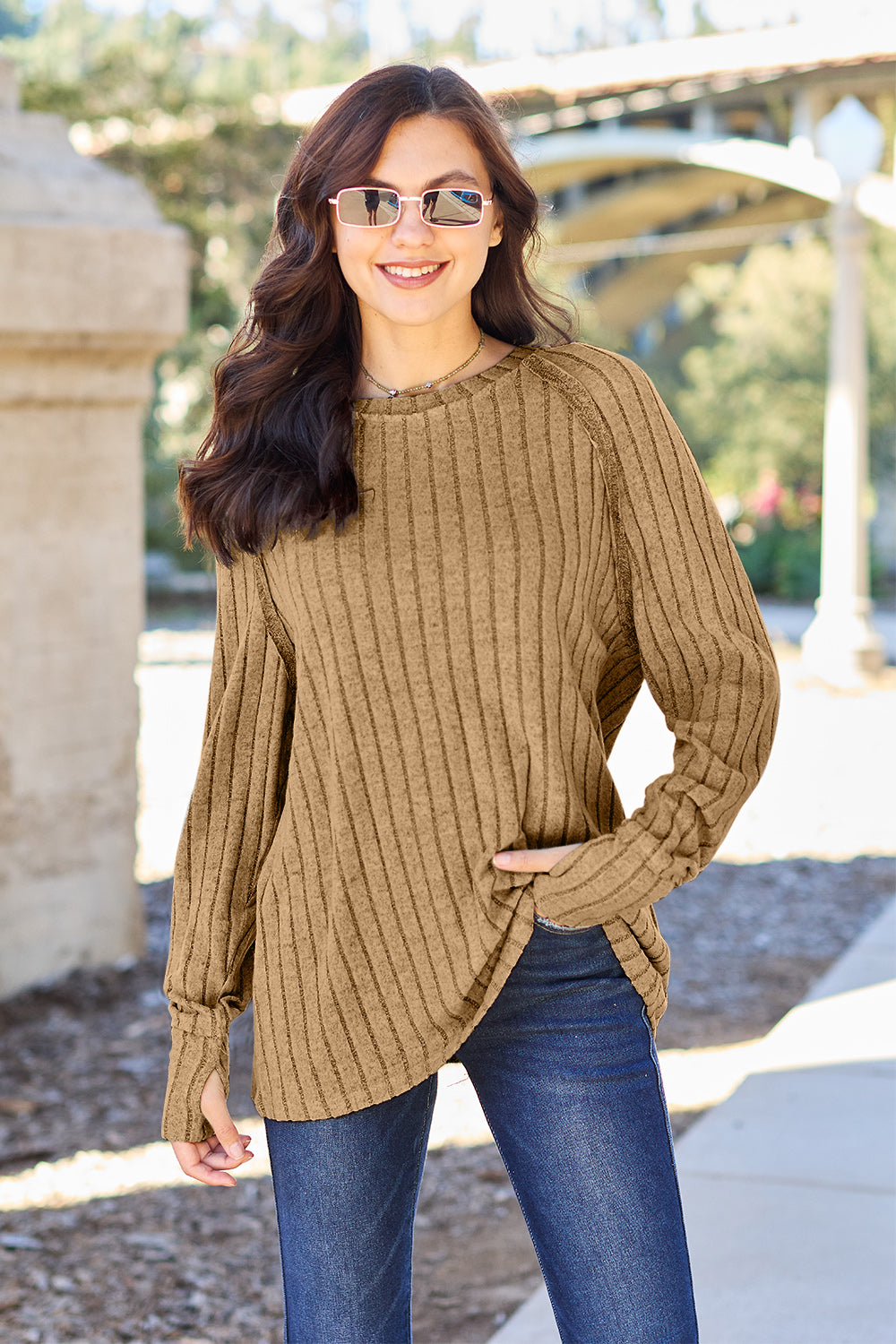 Basic Bae Full Size Ribbed Round Neck Long Sleeve Knit Top - Scarlett's Riverside Boutique 