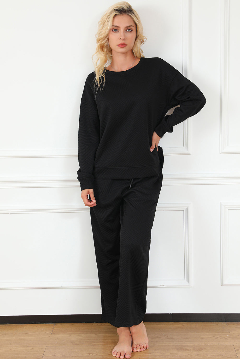 Black Ultra Loose Textured 2pcs Slouchy Outfit - Scarlett's Riverside Boutique 