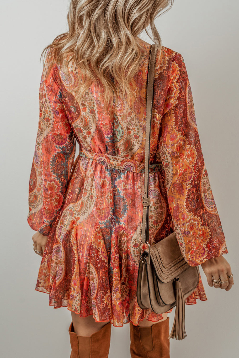 Orange Boho Paisley Print Long Sleeve Pleated Belted Mini Dress - Scarlett's Riverside Boutique 