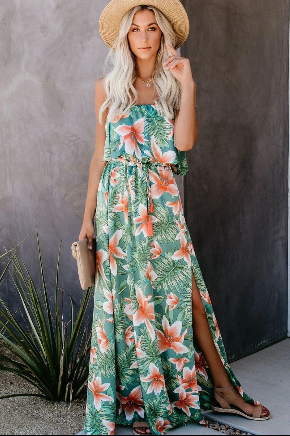 Slit Tropical Sleeveless Tube Dress - Scarlett's Riverside Boutique 