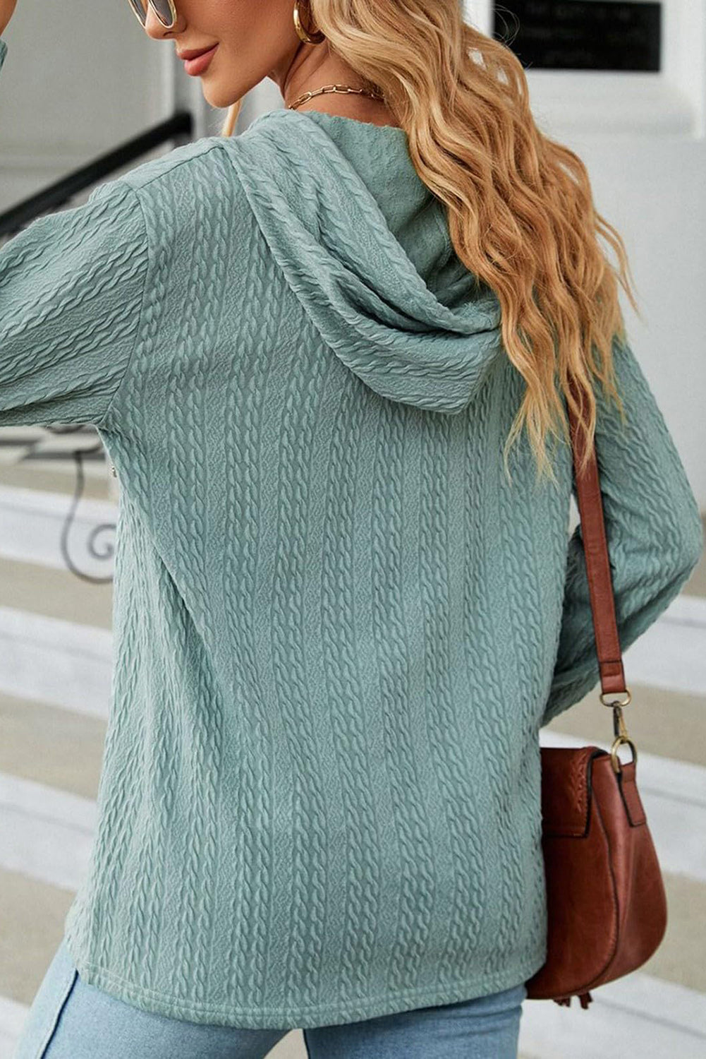 Mint Green Button Front Textured Drawstring Hooded Long Sleeve Top - Scarlett's Riverside Boutique 